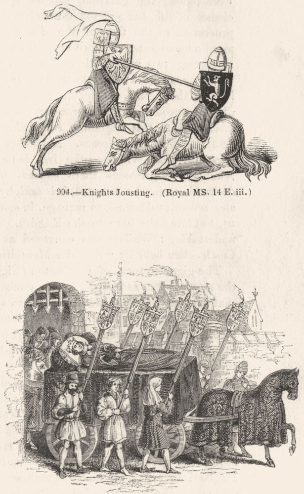 MILITARIA. Knights Jousting; funeral. Richard II 1845 old antique print